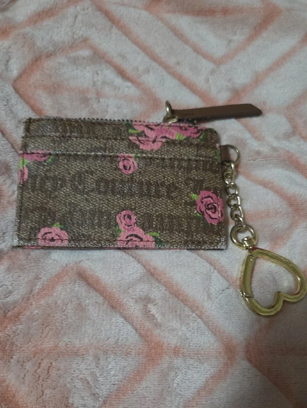 Juicy Couture Brown Card Holder Pink Rose Print & Gold Heart Keychain Coin Purse